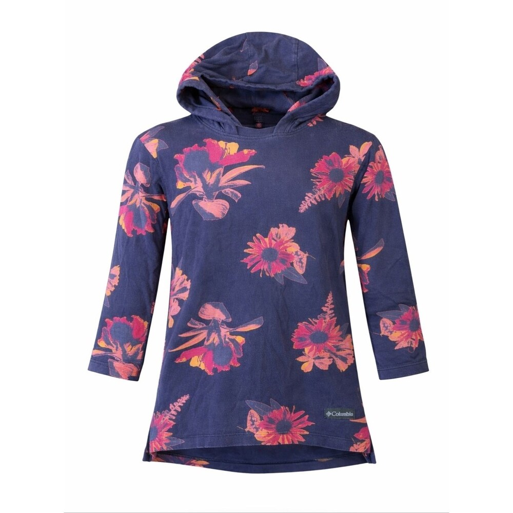 Columbia Hooded Tunic Shirt Tshirt Blue Flower Long Sleeves Girls Kids Small 7 8